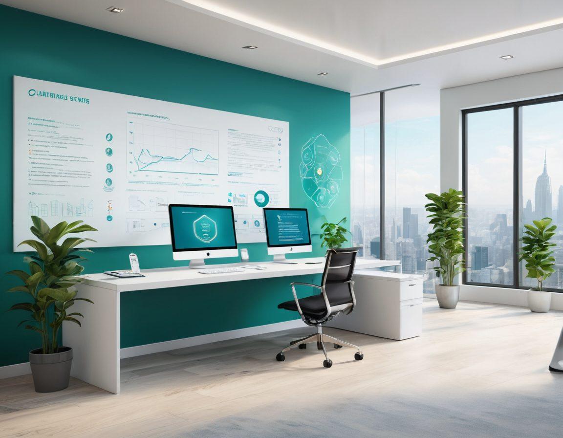A sleek digital landscape showcasing a modern virtual office environment, with diverse characters engaging in online insurance consultations. Include visual elements like digital policy documents, insurance icons, and graphs subtly integrated into the background. Utilize a calming color palette to inspire trust and security. futuristic design. vibrant colors. 3D.